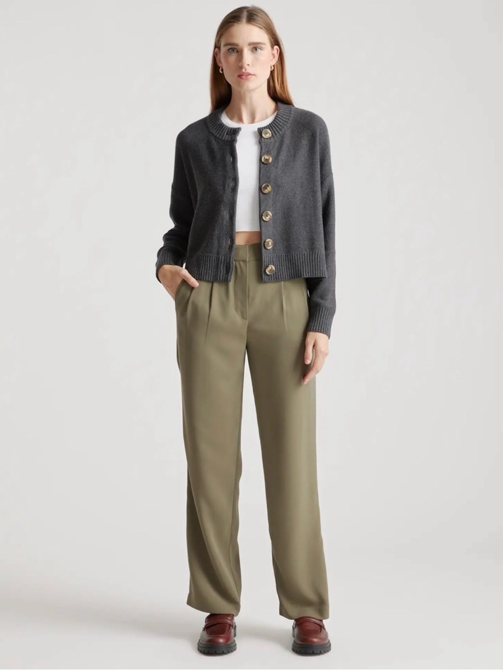 Quince Women’s Size L Organic Cotton Charcoal Gray Button-Front Cropped Cardigan